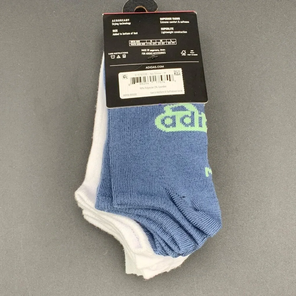 Adidas Youth Superlite No Show‎ Socks 6-Pack M 2Y-5Y AEROREADY Gray White Blue